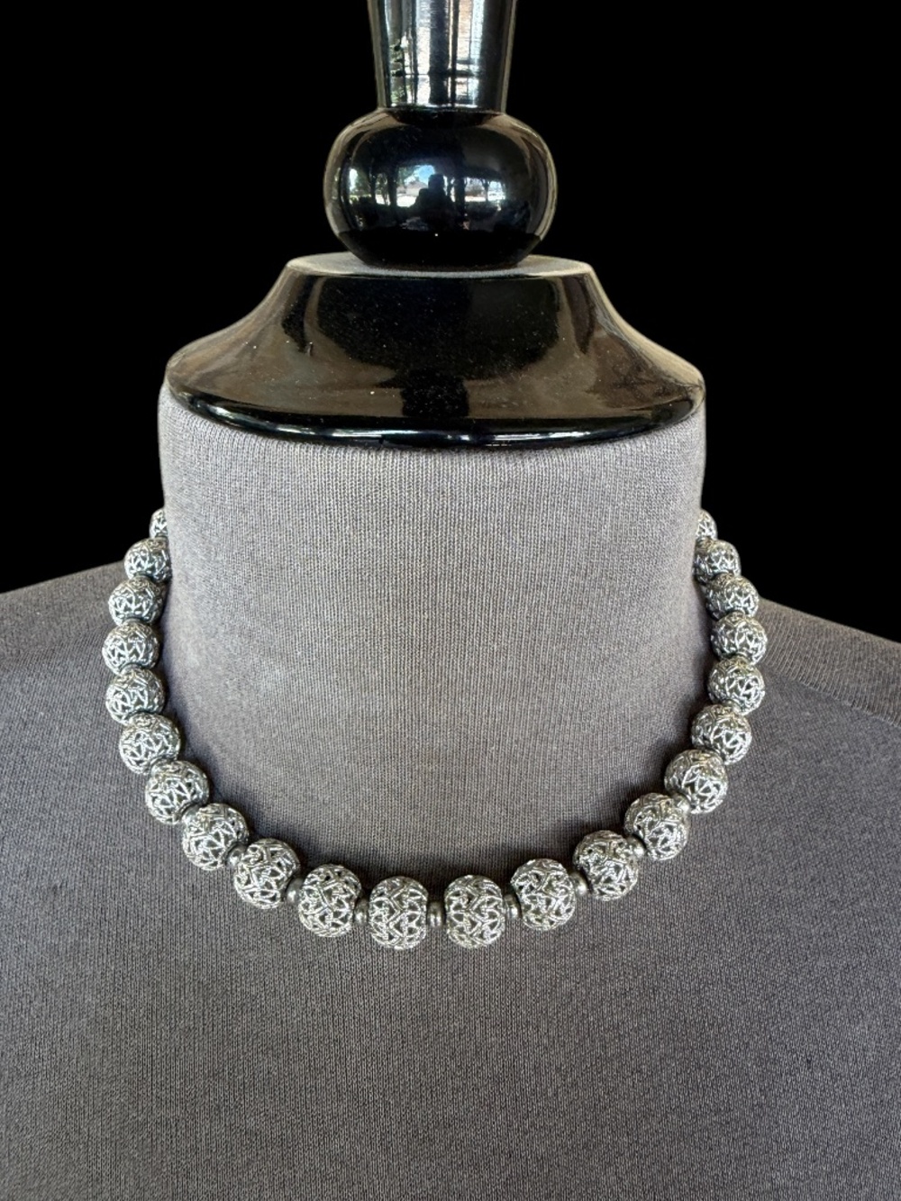 Vintage Monet Filigree Silver Tone Beaded Ball 17” Adjustable Necklace